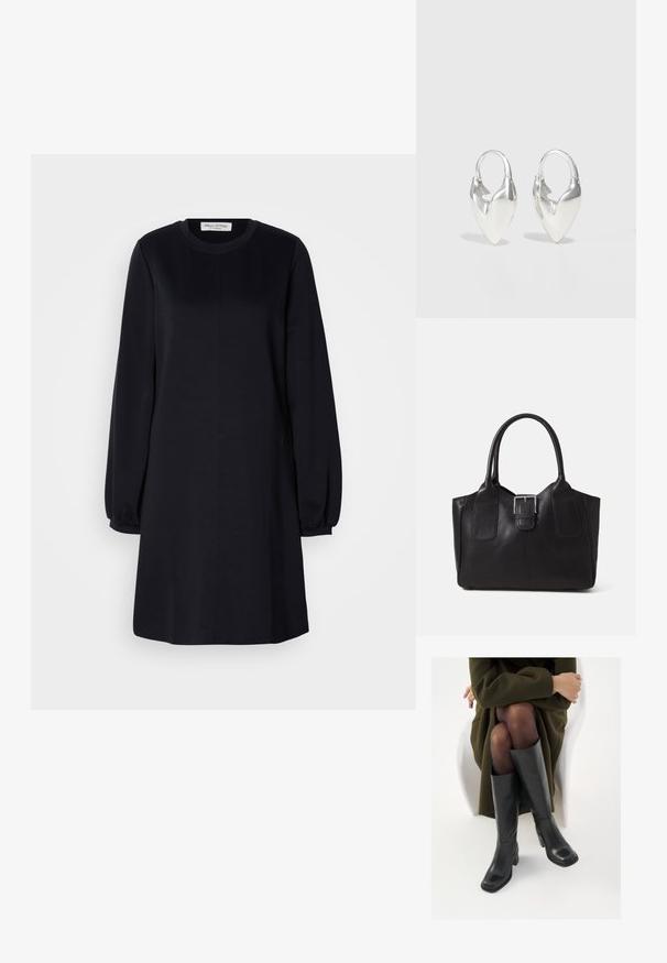Robe noire à manches longues avec un col rond, coupe ample et poignets froncés. Tissu lisse avec un design simple et minimaliste.; Bottes en cuir noires arrivant au genou, avec un bout carré et un talon carré, présentées sur un modèle assis dans un manteau vert olive. Texture lisse, détails minimaux.; Sac à main en cuir noir avec double poignée et boucle centrale argentée, forme rectangulaire structurée, texture lisse, sur fond neutre.; Otiumberg ROSCIDA HEART HOOPS - Boucles d'oreilles - silver-coloured