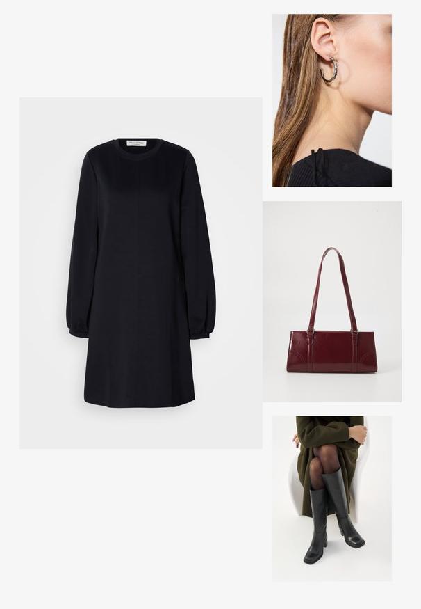 Schwarzes Langarmkleid mit rundem Ausschnitt, lockerer Passform und gerafften Manschetten. Glattes Material mit einem einfachen, minimalistischen Design.; Knöchelhöhe schwarze Lederstiefel mit quadrater Spitze und Blockabsatz, gezeigt mit einem Modell, das einen olivgrünen Mantel trägt. Glatte Textur, minimale Details.; Burgunderfarbene Handtasche aus glänzendem Material, rechteckige Form, mit zwei Schulterriemen und subtilen, geschwungenen Akzenten an der Vorderseite.; Silberne Creolen mit polierter Oberfläche, die kleine goldene Akzentdetails und eine runde Form aufweisen, am Ohrläppchen getragen.