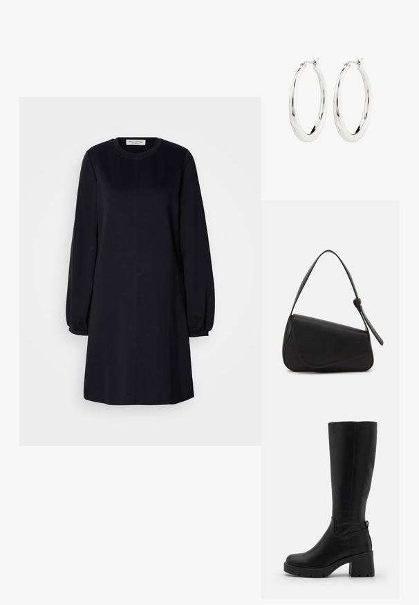 Schwarzes Langarmkleid mit rundem Ausschnitt, lockerer Passform und gerafften Manschetten. Glattes Material mit einem einfachen, minimalistischen Design.; Even&Odd by Zalando Plateaustiefel - black; Schwarze Lederhandtasche mit dreieckiger Form, schrägem Klappdeckel und rundem Oberhandgriff. Verfügt über eine glatte Textur und minimalistische Designdetails.; Silberne Creolen mit einer glatten, glänzenden Oberfläche. Kreisform, ausgestattet mit einem sicheren Verschluss. Einfaches und elegantes Design.