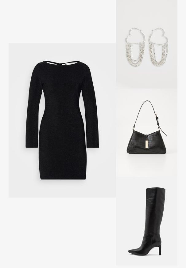 Schwarzes langärmeliges Kleid mit schmaler Silhouette, runder Ausschnitt und einer Krawatte-Rückseite, das eine subtile strukturierte Schimmer-Oberfläche aufweist.; Knöchelhohe schwarze Leder-Stiletto-Stiefel mit spitzer Zehe und glatter Oberfläche. Der Blockabsatz sorgt für Stabilität im Design.; Schwarze Handtasche aus kunstleder mit Kroko-Prägung, die eine dreieckige Form, einen schmalen Schultergurt und eine goldfarbene Hardware-Akzent in der Mitte aufweist.; Silberne Creolen in Herzform, verziert mit herabhängenden Strängen aus klaren Strasssteinen für zusätzlichen Glanz und Textur.
