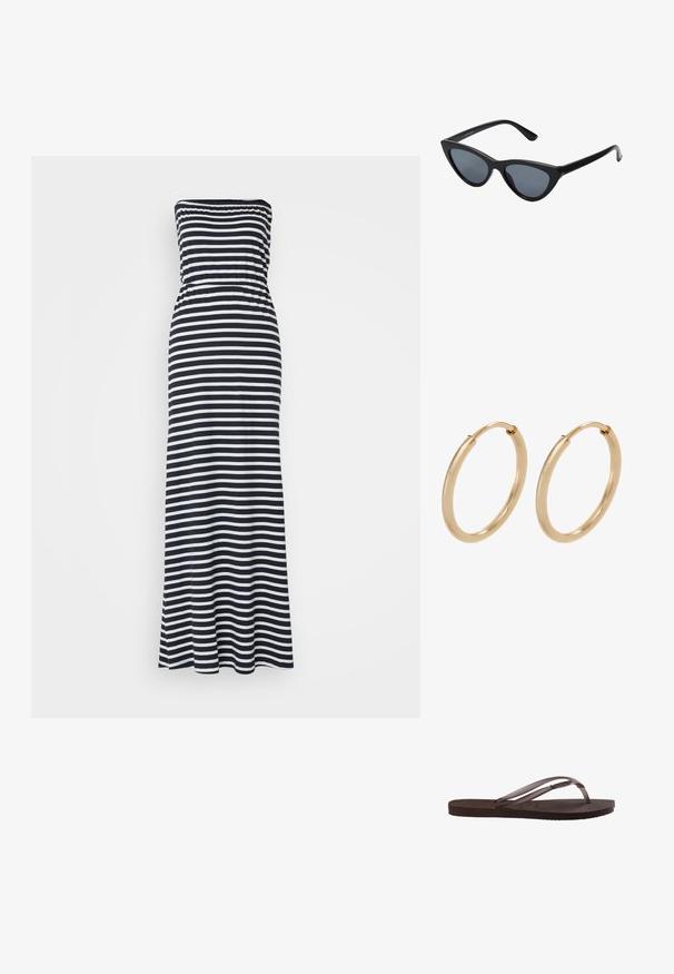 Vestido maxi sin tirantes en rayas azul marino y blanco, con cuerpo elástico, tela fluida y aberturas laterales para mayor comodidad.; Sandalia de goma marrón con suela texturizada y tiras finas que presentan un pequeño detalle metálico decorativo en el lateral.; Gafas de sol negras en forma de ojo de gato con lentes gris oscuro, marco de plástico elegante, esquinas puntiagudas y patillas rectas. Sin herrajes ni acentos visibles.; Pendientes de aro de oro con un acabado suave y pulido. Forma redondeada, tamaño mediano, con un mecanismo de cierre seguro.
