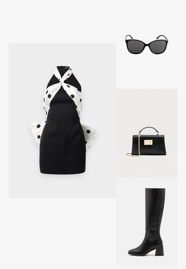 Sort kjole med en tætsiddende silhuet, der har et hvidt polkaprikket overlag og en snoet knude detail ved halsudskæringen. Lynlås i ryggen.; ONLY SHOES ONLBIJOU KNEE HIGH BOOT - Høje støvler/ Støvler - black; Sorte katteøje-solbriller med mørketonede linser og blanke plastikkarkasser, vist mod en hvid baggrund.; Sort læderhåndtaske med struktureret form, udstyret med en øverste hank og en guldtonet kæderem. Dekorative guldhardware med logodetalje.