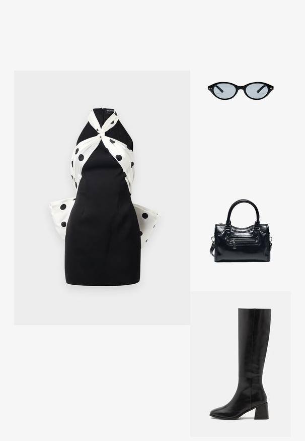 Sort kjole med en tætsiddende silhuet, der har et hvidt polkaprikket overlag og en snoet knude detail ved halsudskæringen. Lynlås i ryggen.; ONLY SHOES ONLBIJOU KNEE HIGH BOOT - Høje støvler/ Støvler - black; Sorte ovale solbriller med tynde stel og små gyldne prikker nær hængslerne med lettonede linser.; Sort skinnende læderhåndtaske med to håndtag, lynlåslomme foran og aftagelig skulderrem på hvid baggrund.