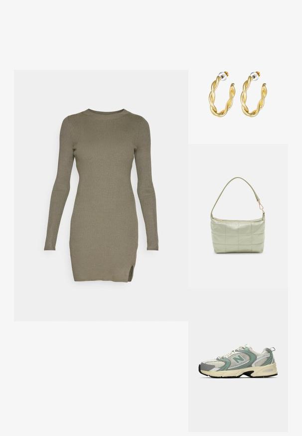 Hollister Co. CHAIN BODYCON SWEATER DRESS - Robe pull - olive green; Baskets de sport New Balance blanches et vert clair en tissu en maille, avec une semelle beige et un semelle noire, présentées de côté sur un fond uni.; Sac vert rembourré avec une texture douce, de forme rectangulaire, à une bandoulière, et fermeture à glissière dorée. Présente un motif matelassé.; Boucles d'oreilles créoles dorées torsadées avec une surface lisse, présentant un dos transparent et une quincaillerie dorée.