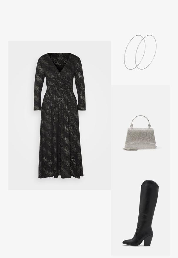 ONLY ONLNEW PELLA FOIL WRAP DRESS - Koktailové šaty/večierkové šaty - black/drizzling gold; RAID LAKELYN - Topánky na vysokom opätku - black; ALDO FELISIA - Kabelka - silver-coloured; Strieborné kruhové náušnice s minimalistickým dizajnom. Cirkulárny tvar, hladký povrch a tenký profil. Ľahké s lesklým povrchom.