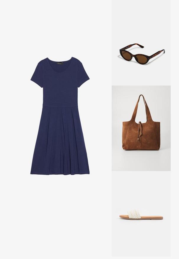 Vestido de punto azul marino hasta la rodilla, hecho de una tela suave, con mangas cortas y un diseño de falda plisada que presenta un escote redondo.; Sandalia deslizante blanca tejida con textura trenzada y cuentas decorativas, que cuenta con una plantilla suave en tono marrón y suela plana de goma.; Gafas de sol de carey marrón con una forma vintage de ojo de gato y lentes marrones. Presentan brazos curvados con acentos rojos.; Bolso tote de ante marrón con dos asas largas, cierre de cordón y textura suave. Presenta un diseño sencillo y acentos mínimos.