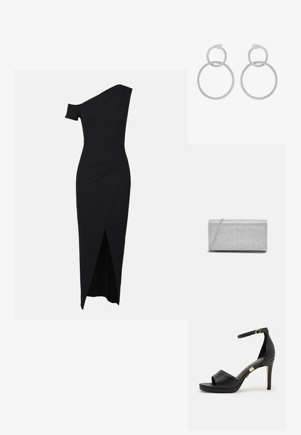 Vestido negro de un solo hombro hecho de un material elástico con un diseño elegante. Presenta una abertura en la parte frontal y una textura en capas a lo largo de la cintura.; Sanda negra de cuero con tacón alto, con punta abierta y tira en el tobillo. Presenta un acabado suave, un acento en tono dorado cerca del tacón y un diseño curvado.; Bolso de mano metálico plateado con diseño de malla trenzada, forma rectangular y una cadena para llevar. Textura suave y acabado pulido.; Pendientes de metal plateado que presentan dos círculos entrelazados, uno más grande y otro más pequeño, con un acabado cepillado y cierres de presión.