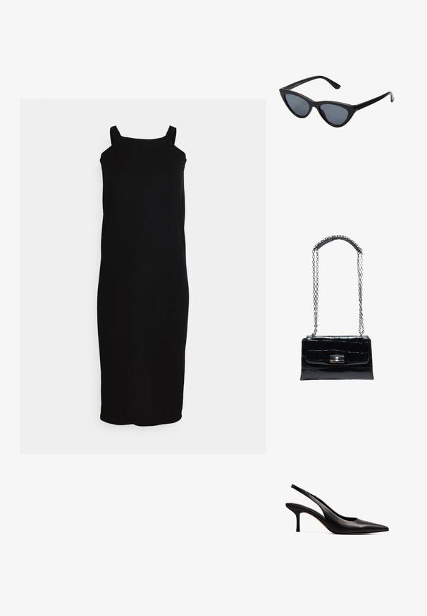 WAL G. ESTELLE CUT OUT SKIRT - Jerseykjole - black; NA-KD Pumps - black; Sorte katteøje solbriller med mørkegrå linser, slankt plastisk stel, spidse hjørner og lige stænger. Ingen synlig hardware eller dekorationer.; Sort håndtaske i krokodilletekstureret læder med sølvfarvet drejelås og lang sølvkæde med læder skulderpude.