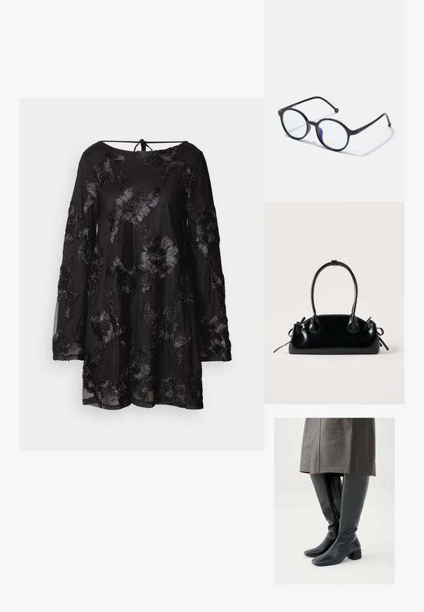 Robe noire à manches longues avec broderies florales, encolure arrondie et fermeture par lien à l'arrière. Matière transparente et coupe ample.; Bottes en cuir noir montant jusqu'au genou avec un bout carré, un talon bloc incliné et une fermeture éclair latérale ; texture lisse et design ajusté.; Lunettes noires rondes avec des montures fines, verres transparents et une légère teinte violette d'un côté ; design épuré avec une finition polie.; Petit sac à main noir brillant avec deux longues anses et des détails à cordon sur les côtés sur un fond clair uni.