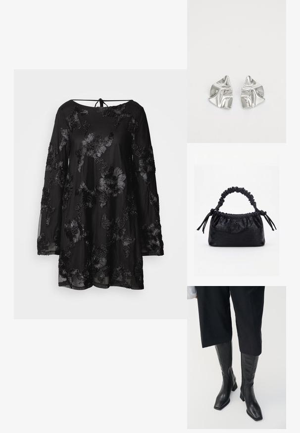 Sort langærmet kjole med blomsterbroderi, rund halsudskæring og bindelukning bagpå. Transparent materiale med løs pasform.; Sorte læder støvler til knæene med firkantet tå og blokhælc. Har en sidezipper og glat tekstur.; Sort taske med krokodilletekstur, rynket øverste kant, samlet hank og snore med kvaster på hver side mod en hvid baggrund.; Sølvmetal øreringe med et bølgende, skulpturelt design, der har en poleret overflade og uregelmæssige former, hvilket fremhæver en moderne æstetik.