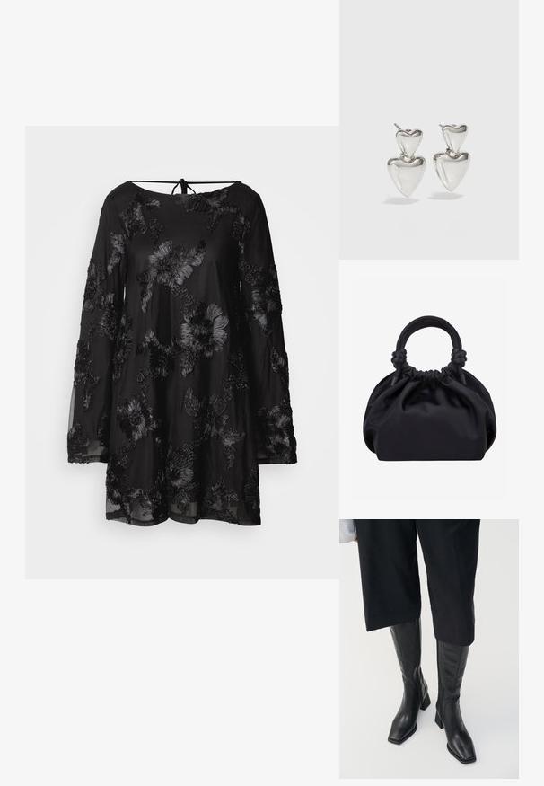 Schwarzes langärmeliges Kleid mit floraler Stickerei, rundem Ausschnitt und einer Schnürung am Rücken. Transparenter Stoff mit lockerem Sitz.; Schwarze Lederstiefel bis zum Knie mit quadratem Zehen und Blockabsatz. Mit einem seitlichen Reißverschluss und glatter Textur.; Schwarze weiche Stoffhandtasche mit gerafftem oberen Rand und runden, gepolsterten Griffen, die auf jeder Seite mit Knoten gebunden sind.; Silberne herzförmige Ohrringe mit einem größeren Herzen unter einem kleineren Herzen. Glatte, reflektierende Oberfläche mit einem polierten Finish.