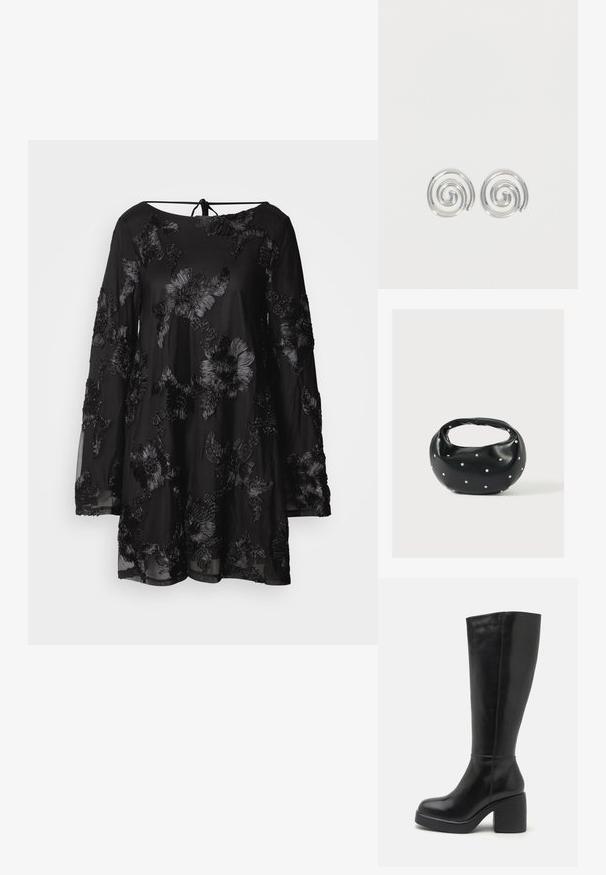 Sort langærmet kjole med blomsterbroderi, rund halsudskæring og bindelukning bagpå. Transparent materiale med løs pasform.; Zign by Zalando LEATHER - Højhælede støvler - black; Sort læderhåndtaske med en rundet form, dekoreret med sølvnitter, og et kort håndtag. Glat tekstur og lynlåslukning.; Par sølvspiral øreringe med glat, afrundet design på en ensartet hvid baggrund.