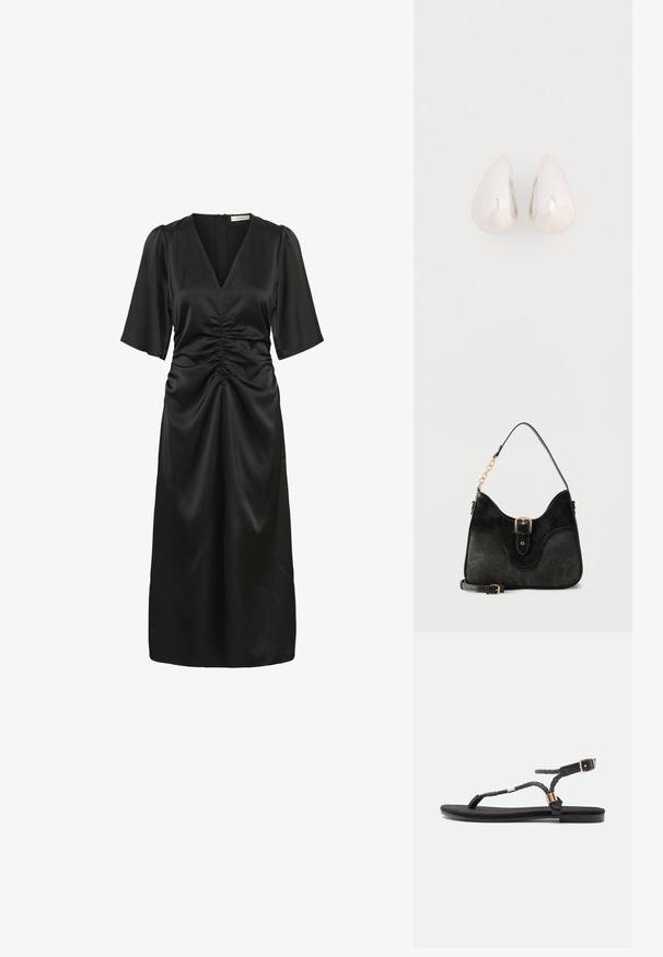 Schwarzes Kleid mit V-Ausschnitt, kurzen Puffärmeln, gerafften Details an der Taille und einem glatten, fließenden Stoff, der bis zur Mitte der Wade reicht.; Schwarze flache Sandalen mit geflochtenen Riemen und metallischem Akzent. Verfügt über eine verstellbare Schnalle und eine flache Gummisohle für Komfort.; Schwarze Lederhandtasche mit goldener Schnallendetail, ein Schulterriemen mit Kettengliedern und ein abnehmbarer, verstellbarer Umhängegurt.; Silberne Metall-Ohrringe in Tropfenform mit einer glatten, reflektierenden Oberfläche, die ein nahtloses Design und keine sichtbaren Verzierungen aufweisen.