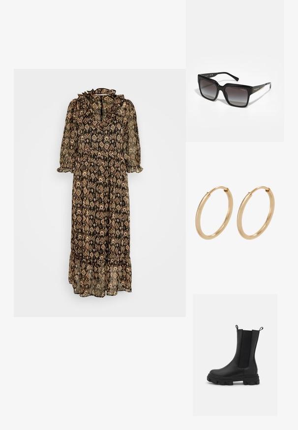 ONLY ONLISLA ANKLE DRESS - Denné šaty - tap shoe dessert rider; Čierne Chelsea čižmy vyrobené z kože a elastického materiálu, s robustnou gumovou podrážkou s výrazným vzorom a ťahacími pútkami pre jednoduché obúvanie.; Čierne slnečné okuliare so štvorcovými rámami, s gradientovými sklami a lesklým povrchom. Logo "Vogue" v bielej farbe na jednom ramene, kovový akcent na druhom.; Zlaté kruhové náušnice s hladkým, lešteným povrchom. Zaoblený tvar, stredná veľkosť, vybavené bezpečným uzatváracím mechanizmom.