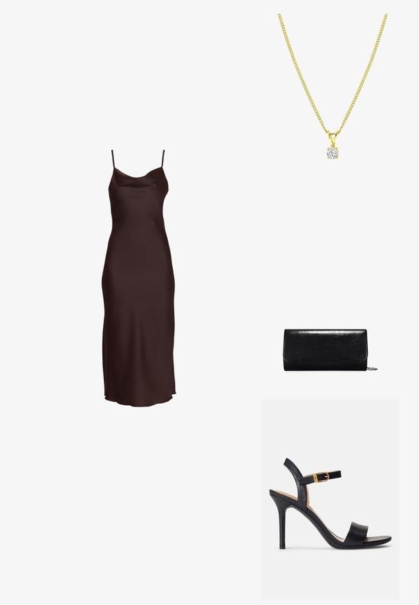 Vestido de satén color marrón oscuro sin mangas, con tirantes finos de espagueti y una silueta recta hasta el suelo.; Sandalias de tacón alto negras con parte superior de cuero suave, punta abierta y diseño de tira única con un detalle de hebilla dorada.; Clutch de cuero negro con una textura suave, forma rectangular y detalles con borde en la parte delantera. Incluye una correa de cadena desmontable.; Collar de cadena de oro con un colgante de cristal redondo engastado en garra. La cadena tiene una textura retorcida, ofreciendo una superficie suave y brillante.