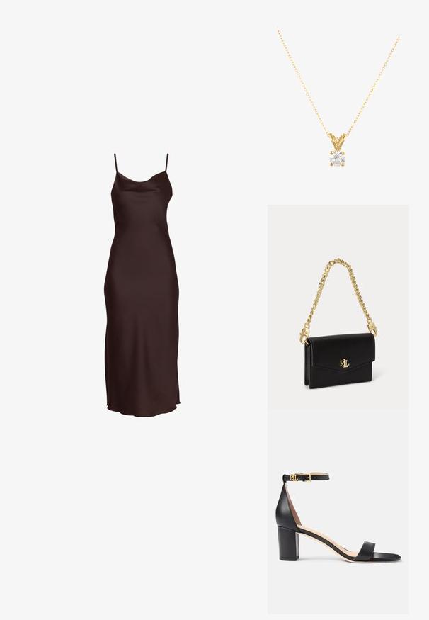 Ærmeløs mørkebrun satin nattkjole med tynde spaghettistropper og en lige, gulvlængde silhuet.; Lauren Ralph Lauren LOGAN BURNISHED LEATHER SANDAL - Sandaler - black; DIAMANT L'ÉTERNEL Vedhæng - gold coloured; Lille sort læderhåndtaske med klaplukning, gyldent RL-logo foran og kort aftagelig guld kæde.