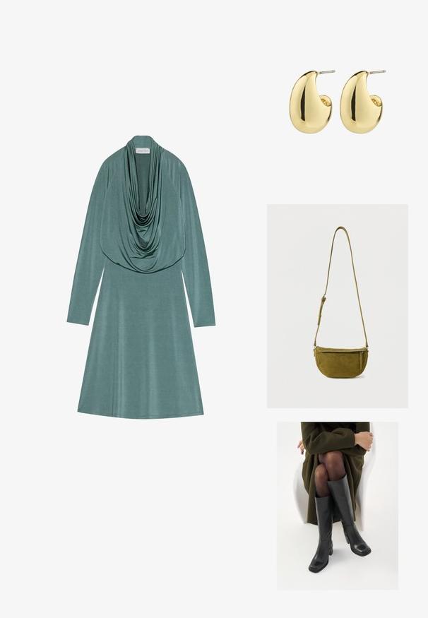 Robe à col bénitier en tissu vert atténué, dotée de manches longues et d'une silhouette évasée. Texture douce et lisse avec un léger éclat.; Bottes en cuir noires arrivant au genou, avec un bout carré et un talon carré, présentées sur un modèle assis dans un manteau vert olive. Texture lisse, détails minimaux.; Sac bandoulière en daim vert olive avec sangle réglable et poche avant zippée sur fond blanc uni.; Boucles d'oreilles en métal doré avec une surface lisse et polie, présentant une forme abstraite en goutte d'eau. Attache en tige métallique simple.