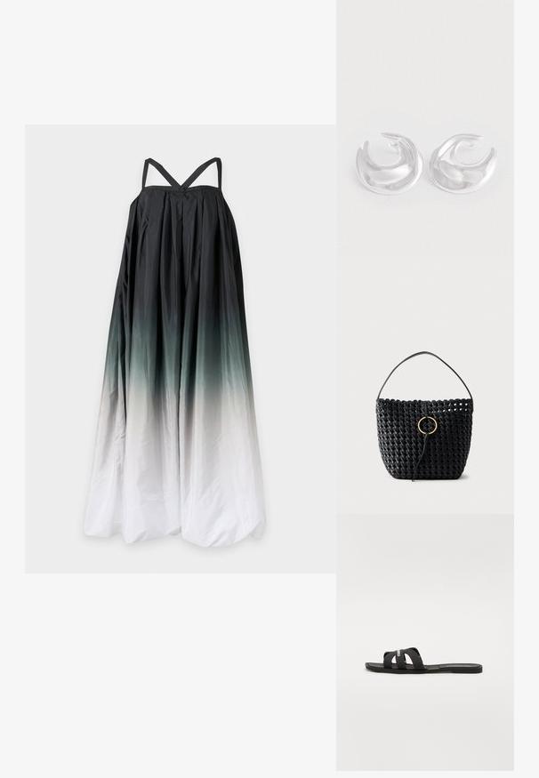 Løs, ærmeløs maxikjole med tynde stropper, sort foroven og falmer til hvid forneden i en ombré-gradient-effekt.; Sort slidesandal med flad sål og to brede, krydsende stropper. Lavet af glat materiale, med et minimalistisk design og uden synlige mønstre.; Sort vævet læderhåndtaske med en enkelt strop og en central guldfarvet rund spænde lukning, mod en ensartet lys baggrund.; Et par polerede sølv halvmåneformede hoops med en glat, reflekterende overflade på en hvid baggrund.