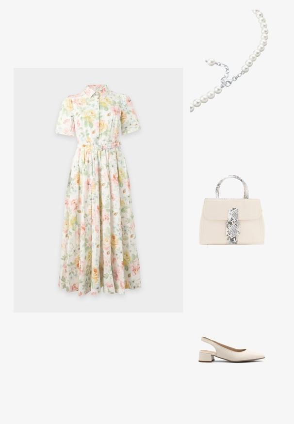 Kortærmet, knap-op midi kjole med krave og bælte med pastelgule, grønne og lyserøde blomster på hvid baggrund.; Beige slingback hæle med spids tå, lav blokhæl og glat lædertekstur. Har udsparinger på siderne for åndbarhed.; Beige håndtaske med en tekstureret slange-mønsteret rem og spænde. Har en rektangulær form og dobbelte runde håndtag. Glat overflade.; Hvid perlekæde med sølvspænde, som har en række runde perler og en lille forlængerkæde til justerbar længde.