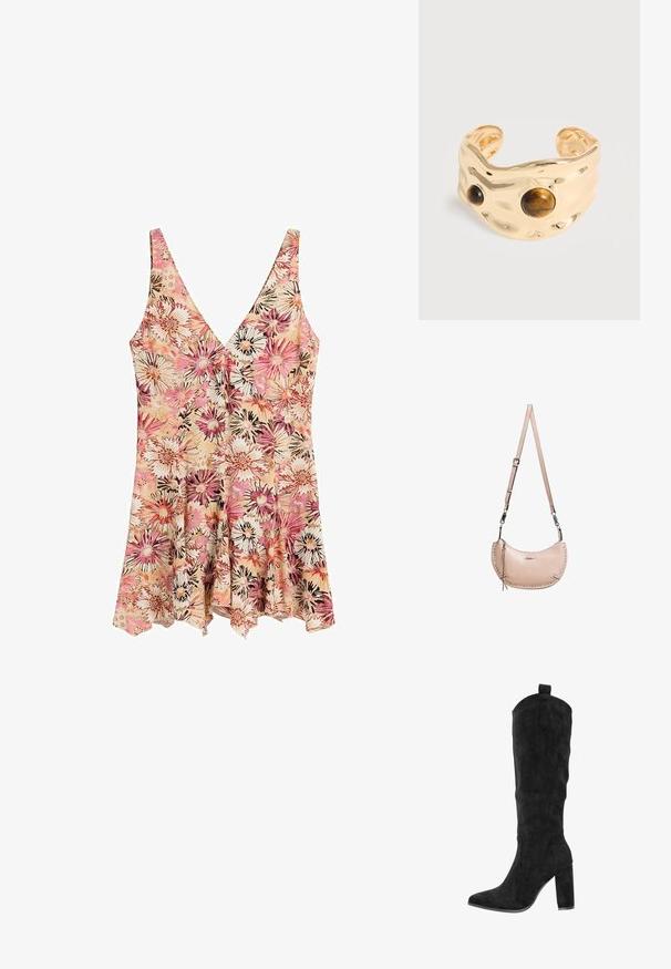 Ærmeløs blomsterkjole med pink, beige og brune nuancer, V-halsudskæring, figursyet talje og udvidet nederdel med ujævn kant.; Knæhøje sorte støvler i ruskind med spids tå, tyk blokhæl og syninger på siderne. Træksnor øverst for nem påtagning.; Lysebeige læder skuldertaske i halvmåneform med justerbar rem og små metalnitter langs kanterne.; Manchetarmbånd i guldfarve med hamret tekstur, med to runde brune tigerøje-sten foran.