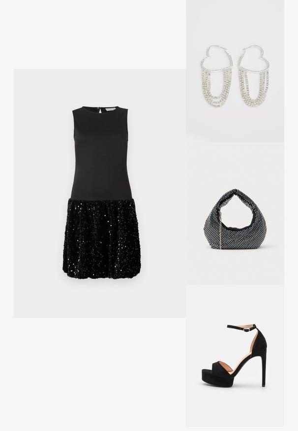 Ärmelloses schwarzes Kleid mit tailliertem Oberteil und kurzem Rock, der mit glänzenden schwarzen Pailletten bedeckt ist, vor einem schlichten weißen Hintergrund.; Schwarze Wildleder-Peeptoe-Sandale mit hoch gelegener Plateausohle, Knöchelriemen mit silberner Hardware, offenem Zehenbereich und glatter Textur.; Schwarze Netz-Handtasche verziert mit silbernen Nieten, mit einem gebogenen Griff und einem Kettenriemen. Weiche Textur mit runder Form.; Silberne Creolen in Herzform, verziert mit herabhängenden Strängen aus klaren Strasssteinen für zusätzlichen Glanz und Textur.