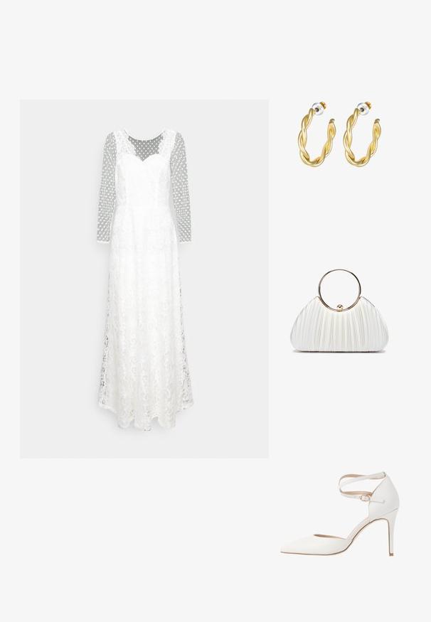 Ida Sjöstedt ELINE WEDDING GOWN - Oblečenie na špeciálnu príležitosť - ivory; Biele lodičky na vysokom opätku s špicatou špičkou, okrúhlym remienkom na členku a textúrovaným koženým povrchom. Má elegantný dizajn a tenký stiletto opätok.; Biela plisovaná kabelka s obľúbeným zlatým kruhovým úchopom, vyrobená z mäkkej tkaniny a zaobleného tvaru. Elegantný dizajn s textúrovaným povrchom.; Zlaté skrútené náušnice s hladkým povrchom, ktoré majú priehľadný podklad a zlatý hardware.