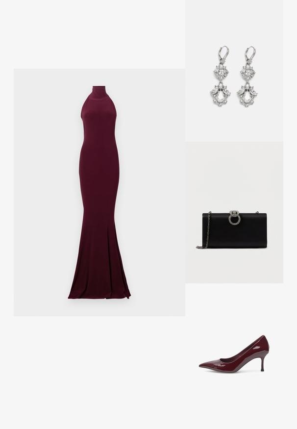 Vestido burdeos con cuello halter, diseño ajustado, tela texturizada y dobladillo acampanado. Acabado liso y silueta hasta el suelo.; Woden WODEN - Tacones - cherry; Bolso de mano de satén negro con un cierre circular en tono plateado adornado con strass, cuenta con una correa de cadena desmontable.; Pendientes de tono plateado que presentan múltiples piedras de cristal transparente en formas de lágrima y marquesa, con cierres de palanca y un detallado intrincado.