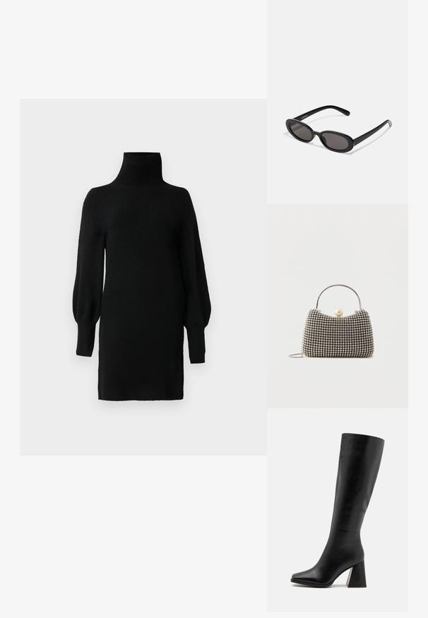 Robe pull tricotée noire avec un col roulé haut, des manches bouffantes longues et une coupe décontractée. Tissu texturé, couleur unie, design à longueur genoux.; Cuissardes noires en cuir lisse, avec un bout carré et un talon épais et texturé. Design simple et épuré.; Even&Odd Lunettes de soleil - black; Petit sac à main avec motif à carreaux argenté, poignée incurvée, grande fermeture à perle et une fine bandoulière en chaîne argentée sur un fond uni.