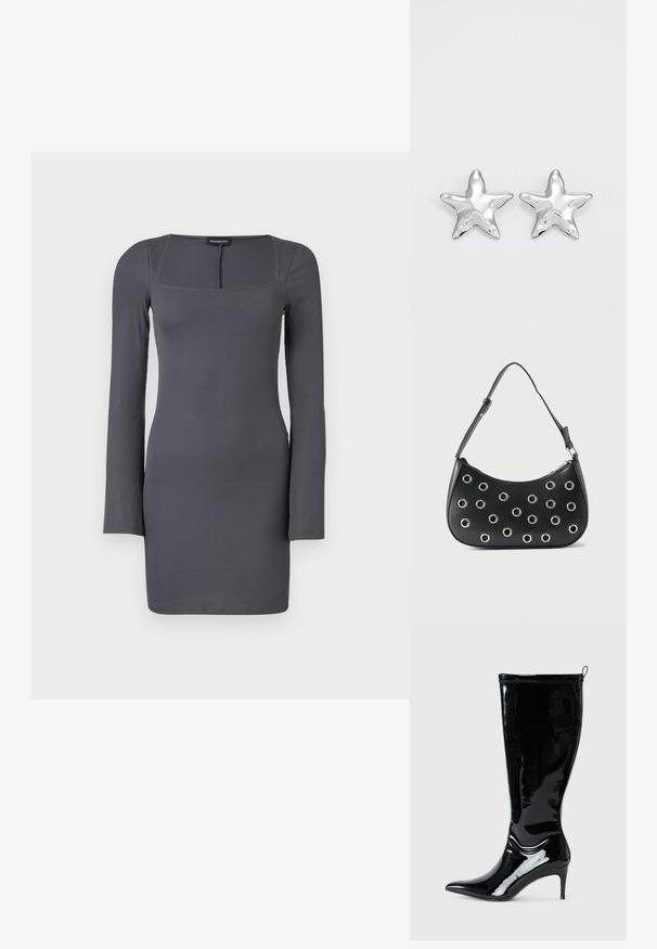 Robe longue à manches longues grise côtelée avec un décolleté carré, une silhouette ajustée et une texture douce. Présente des coutures minimales et une fermeture au dos.; Botte en cuir verni noir, hauteur genou, avec un bout pointu et un talon slim haut. Comprend une fermeture éclair à l'arrière et une texture lisse et brillante.; Sac d'épaule en cuir noir avec bandoulière réglable, orné d'œillets en métal argenté et fermeture éclair supérieure.; Boucles d'oreilles argentées en forme d'étoile, avec une surface lisse et brillante. Chaque boucle d'oreille possède cinq pointes et des détails subtils de texture de surface.