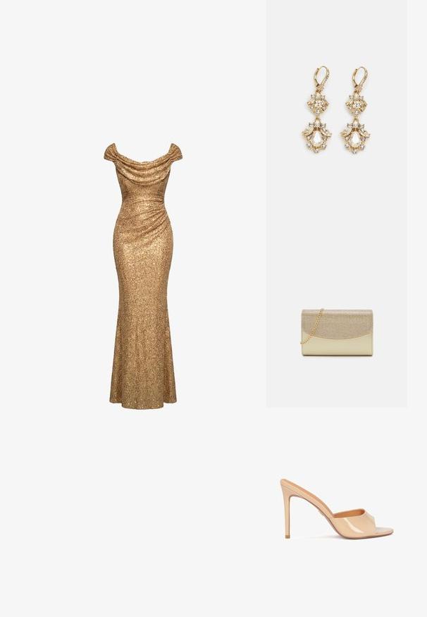 Vestido de noche dorado con lentejuelas, escote off-shoulder, detalles fruncidos y silueta ajustada hasta el suelo.; Mule de charol beige de tacón alto con punta abierta, diseño de tira curvada y tacón de aguja, que presenta un sutil detalle en dorado.; Clutch de noche en tono dorado con una solapa metálica texturizada y una cadena como asa. Material base liso con detalle de brillo geométrico en la parte superior.; Pendientes colgantes en tono dorado con un diseño de racimo que incluye cristales claros en forma redonda y de lágrima, mostrando un detallado intrincado.