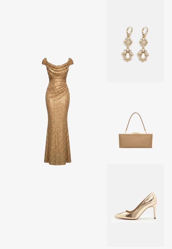 Gouden avondjurk met pailletten, off-shoulder, met geplooide details en een nauwsluitend, tot op de vloer reikend silhouet.; Gouden metallic hoge hakpomp met een spitse neus en een gladde textuur. Beschikt over een gesloten hiel en een slanke, elegante stilettoontwerp.; Metalen gouden clutch tasje met een geweven tan textuur, voorzien van een korte handgreep en een klipsluiting, rechthoekige vorm. Lichtgewicht ontwerp.; Gouden hangoorbellen met een clusterontwerp, versierd met ronde en druppelvormige heldere kristallen, die zich kenmerken door ingewikkelde details.