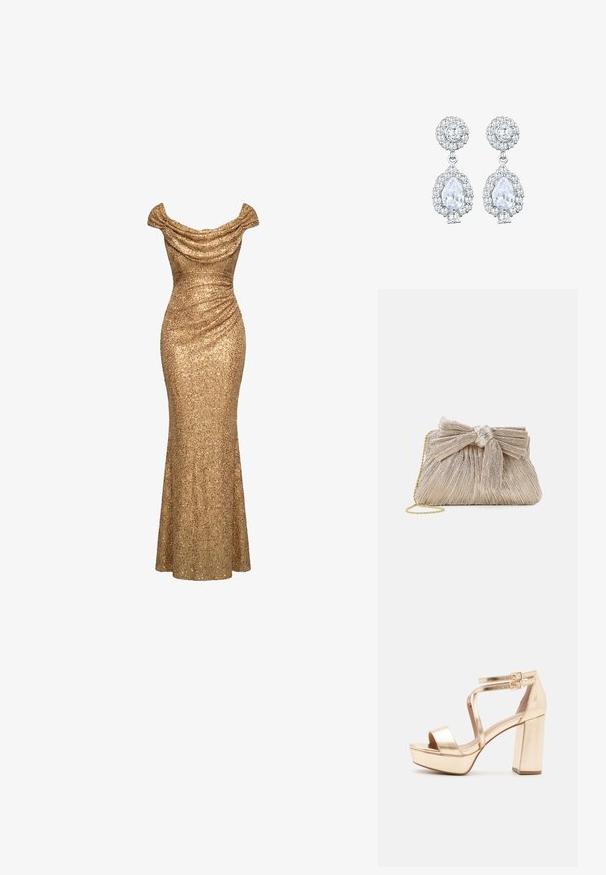 Robe de soirée dorée à sequins, bustier tombant sur les épaules avec des détails froncés et une silhouette ajustée longue au sol.; Sandales plateformes métalliques dorées avec un talon bloc épais, bout ouvert et des sangles croisées à la cheville avec des accents de boucles. Texture lisse.; Pochette en or métallisé avec tissu plissé, dotée d'un nœud en haut et d'une bandoulière en chaîne dorée pour une polyvalence et une facilité de transport.; Boucles d'oreilles ton argent avec un clou rond en sertissage pavé, et une goutte en forme de poire entourée de petites pierres, soulignant un effet scintillant.