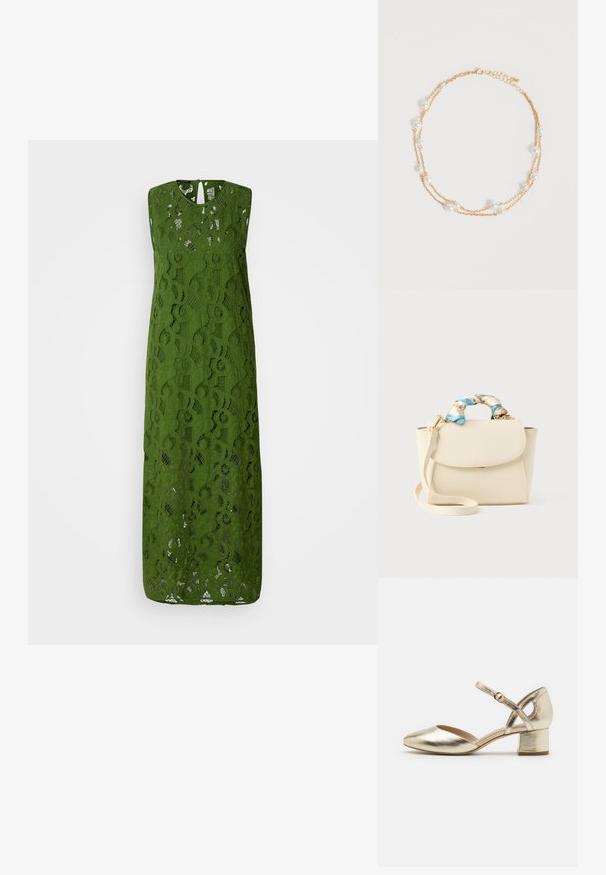 Mouwloze groene kanten jurk met een bloemmotief, een ronde halslijn en een sleutelingopening op de rug, met een lange, vloeiende silhouet.; Gouden metallic hakken met een ronde neus, enkelband en blokk Hak. Gladde textuur met een glanzende afwerking en een kruisbandontwerp.; Crèmekleurige handtas met klapsluiting, afneembare schouderriem en gedraaide blauw-crèmekleurige bloemmotief stof gewikkeld rond het bovenste handvat.; Delicate dubbel gelaagde gouden ketting met gelijkmatig verdeelde kleine witte pareltjes op een eenvoudige lichte achtergrond.