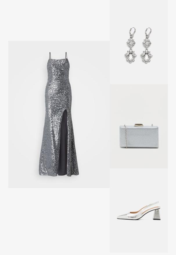 Robe de soirée en sequins argentés avec des bretelles spaghetti, corsage ajusté et fente haute sur la cuisse. Doublure noire lisse en dessous.; Pompe argentée à talon slingback avec un bout pointu, une finition métallique texturée et un talon bloc triangulaire. L'intérieur présente des détails en cuir marron.; Clutch rectangulaire en argent fabriqué en tissu métallique texturé, avec une fermeture à fermoir et une chaîne amovible pour le transport.; Boucles d'oreilles en métal argenté ornées de plusieurs pierres précieuses en cristal transparent en forme de goutte et de marquise, avec des fermoirs à levier et des détails complexes.