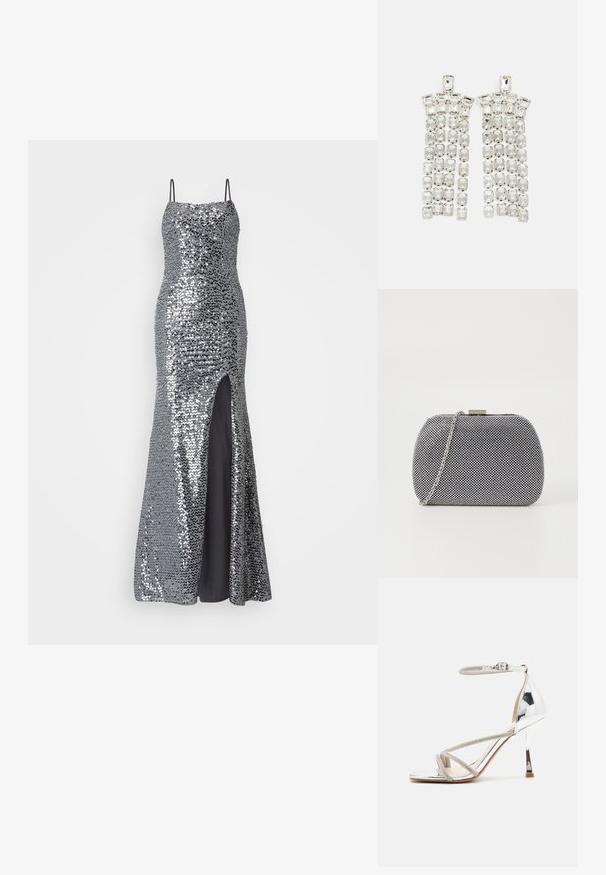 Robe de soirée en sequins argentés avec des bretelles spaghetti, corsage ajusté et fente haute sur la cuisse. Doublure noire lisse en dessous.; Sandale à talons hauts en argent avec un design à lanières, en matériau scintillant, accents en strass et une fine bride à la cheville. Bout carré et talon poli.; Pochette texturée noir et blanc de forme arrondie, avec une chaîne en métal argenté et un fermoir en métal en haut.; Boucles d'oreilles en cristal avec des accents en métal argenté, ornées de plusieurs pierres taillées en rectangles et carrés disposées en rangées en cascade.