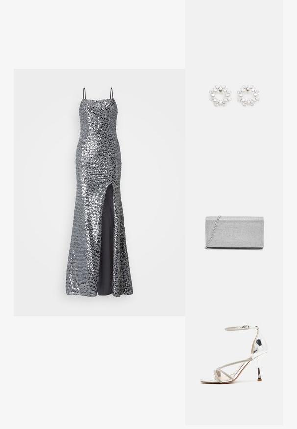 Vestido de noche plateado con lentejuelas, tirantes finos, corsé ajustado y abertura alta en el muslo. Forro negro suave por debajo.; Sandalia de tacón alto plateada con un diseño de tiras, material brillante, acentos de strass y una correa delgada en el tobillo. Punta cuadrada y tacón pulido.; Bolso de mano metálico plateado con diseño de malla trenzada, forma rectangular y una cadena para llevar. Textura suave y acabado pulido.; Pendientes circulares de metal, con múltiples piedras transparentes y facetadas dispuestas en un patrón brillante. Incoloras y reflectantes.