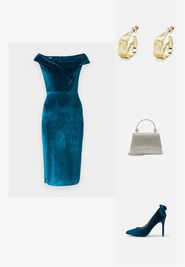 Teal fluwelen off-shoulder jurk met een getailleerd silhouet, voorzien van een geplooide kraag en een centrale ritssluiting aan de achterkant. Lengte tot halverwege de kuiten.; Anna Field by Zalando Klassieke pumps - dark blue; ALDO FELISIA - Handtas - silver-coloured; Goudkleurige oorbellen in de vorm van abstracte handen, met een glanzend oppervlak, ingewikkelde details en een zilver- en goudkleurige post voor een veilige bevestiging.