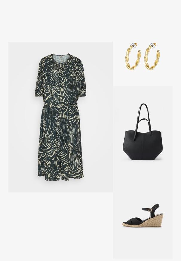 Anna Field by Zalando Robe de jour - black/beige; Sandales noires à talon compensé avec des brides en tissu croisées et une sangle de cheville réglable. Talon compensé texturé comme de la jute avec une conception à bout arrondi.; Sac fourre-tout noir en cuir lisse et texturé, avec un haut arrondi et deux longues anses. Présente une base angulaire pour la stabilité et un design structuré.; Boucles d'oreilles créoles dorées torsadées avec une surface lisse, présentant un dos transparent et une quincaillerie dorée.