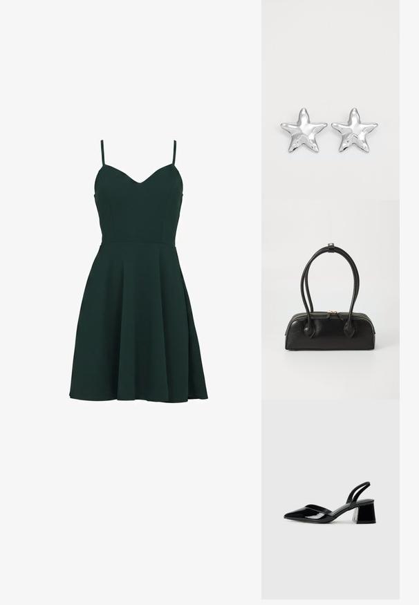Robe sans manches vert foncé avec fines bretelles et corsage ajusté s’évasant en jupe évasée.; Escarpins en cuir verni noir avec bout pointu et talon bloc géométrique. Présente un design élégant et minimaliste ainsi qu'une texture lisse.; Sac à main en cuir noir avec deux anses allongées, fermeture éclair et forme arrondie ; texture lisse avec une finition légèrement brillante.; Boucles d'oreilles argentées en forme d'étoile, avec une surface lisse et brillante. Chaque boucle d'oreille possède cinq pointes et des détails subtils de texture de surface.