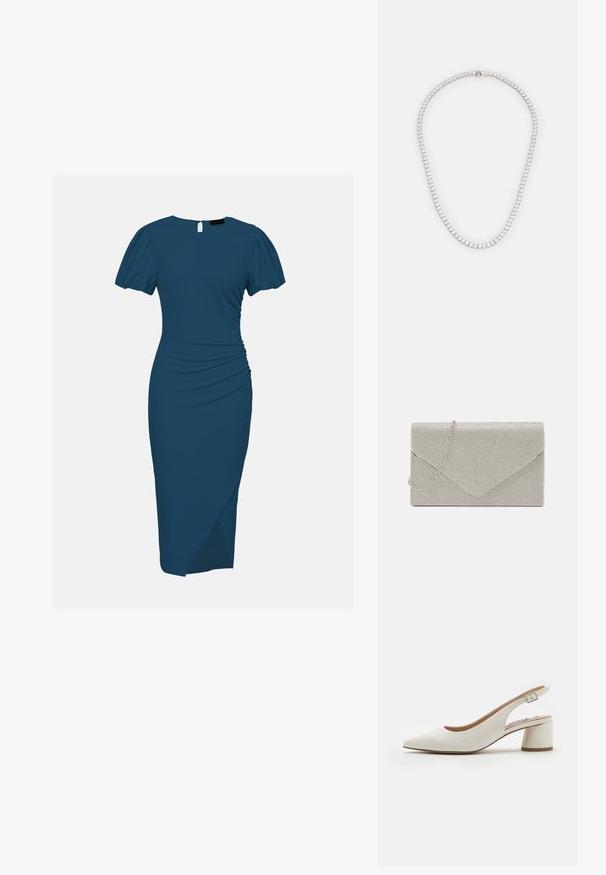 Groene midi-jurk met korte pofmouwen, geplooide taille en voorste wikkeldetail, voorzien van een keyhole knoopsluiting aan de achterzijde van de hals.; Witte leren slingback pump met een spitse neus, middelhoge blokhak en verstelbare strap. Gladde textuur; minimalistisch ontwerp.; Metalen zilveren clutch met een envelopontwerp, verrijkt met een gestructureerd patroon, voorzien van een afneembare kettinghengsel.; Rhodium-plated halsketting met een continue lijn van heldere, ronde kristallen, dicht bij elkaar gerangschikt voor een delicate, schitterende uitstraling.