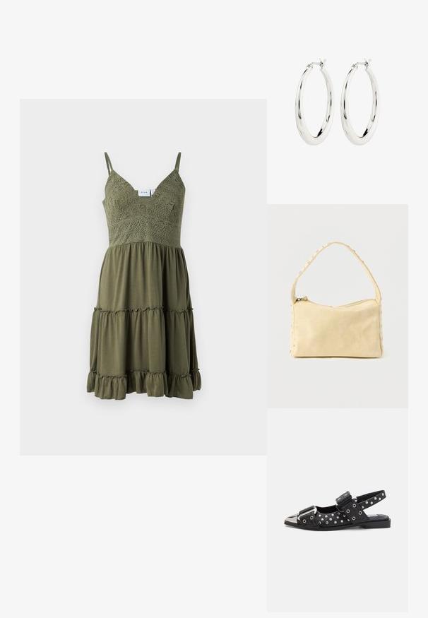 Olívovo zelené šaty s čipkovou výzdobou na korzete, nastaviteľnými ramienkami a volánkovým, vrstveným lemom vyrobeným z ľahkého materiálu.; Čierne sandále na podpätku so cvikovými akcentmi, s plochým podpätkom, metalickým špičkou a nastaviteľnými sponami. Prítomný dekoratívny hardware detail.; Malá béžová kožená kabelka s jedným remienkom a striebornými cvokmi pozdĺž okrajov a remienka, na jednoduchom pozadí.; Strieborné kruhové náušnice s hladkým, lesklým povrchom. Obľúbený tvar, vybavené bezpečným zapínaním. Jednoduchý a elegantný dizajn.