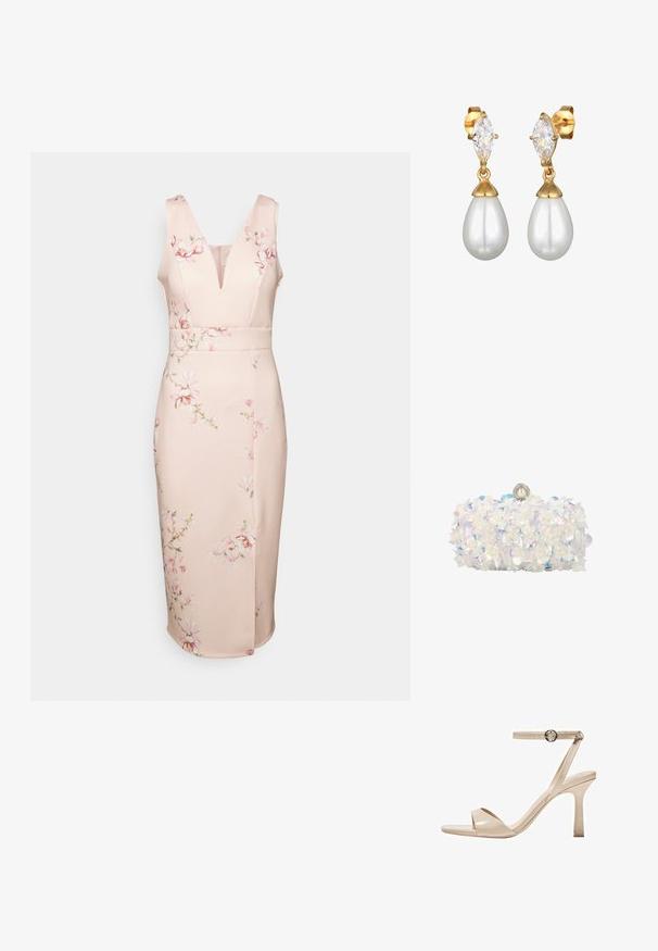 WAL G. WEDDING ALMA V NECK MIDI - Jerseykjole - light pink; Nude patentlæder højhælede sandaler med en tynd ankelrem og rund spænde, åben tå design og en slank stiletto hæl.; Hvid clutch-taske dækket med iriserende blomsterapplikationer og perleaccents, med perlelås øverst.; Guldtonede øreringe har en marquise-slebet klar krystal øverst på en dråbeformet hvid perle. Glat tekstur med poleret finish.