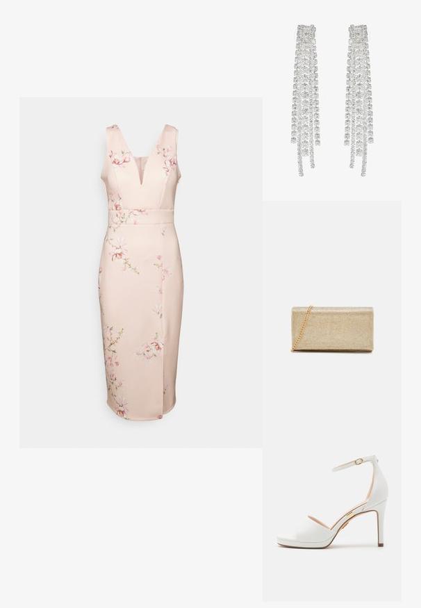 WAL G. WEDDING ALMA V NECK MIDI - Jerseykjole - light pink; Hvid højhælet sandal med ankelrem og åben tå, med en tynd gylden spænde og en slank stiletthæl.; Guldmetalisk clutch med en tekstureret overflade, der har en kædestrop og en rektangulær form, designet til aftenbrug.; Lange sølvøreringe med en række klare, facetterede krystaller i kaskadeformede strenge med varierende længder og former.