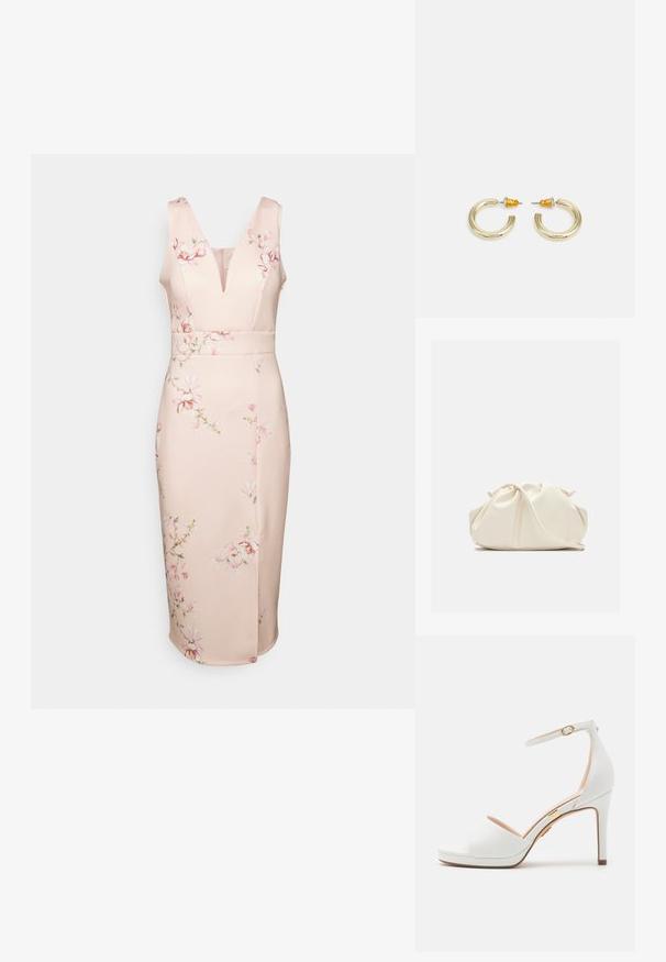 WAL G. WEDDING ALMA V NECK MIDI - Φόρεμα από ζέρσεϊ - light pink; Λευκό σανδάλι με ψηλό τακούνι, λουρί στον αστράγαλο και ανοιχτό δάκτυλο, με λεπτή χρυσή αγκράφα και λεπτή στιλέτο φτέρνα.; Μαλακό, κρεμ δερμάτινο τσαντάκι χειρός με σχεδίαση με gathers και λεπτό λουράκι ώμου, τοποθετημένο μπροστά σε απλό φόντο.; Χρυσά κρίκοι σκουλαρίκια με ομαλό, στρογγυλό σχήμα και γυαλιστερή φινέτσα. Διαθέτουν πορτοκαλί λεπτομέρειες στο πίσω μέρος για ασφαλή στερέωση.