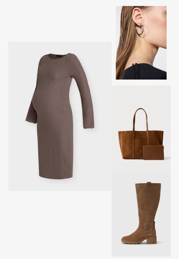 Robe de maternité marron à manches longues côtelées avec poignets festonnés et silhouette ajustée pour confort et style pendant la grossesse.; Tamaris Bottes - brown; Sac fourre-tout en daim marron avec deux longues anses, doté d'une poche avant, accompagné d'une petite pochette en cuir marron avec une fermeture éclair.; Boucle d'oreille en argent avec une finition polie, présentant de petits détails en or et de forme ronde, portée sur le lobe.