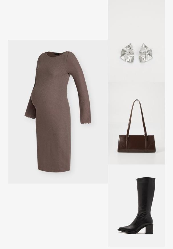 Brun ribstrikket langærmet graviditetskjole med bølget kant ved ærmerne og en figursyet silhuet for komfort og stil under graviditeten.; Zign by Zalando LEATHER - Høje støvler/ Støvler - black; Brun lakeret håndtaske med rektangulær form, to lange håndtag og subtile buede detaljer på fronten.; Sølvmetal øreringe med et bølgende, skulpturelt design, der har en poleret overflade og uregelmæssige former, hvilket fremhæver en moderne æstetik.