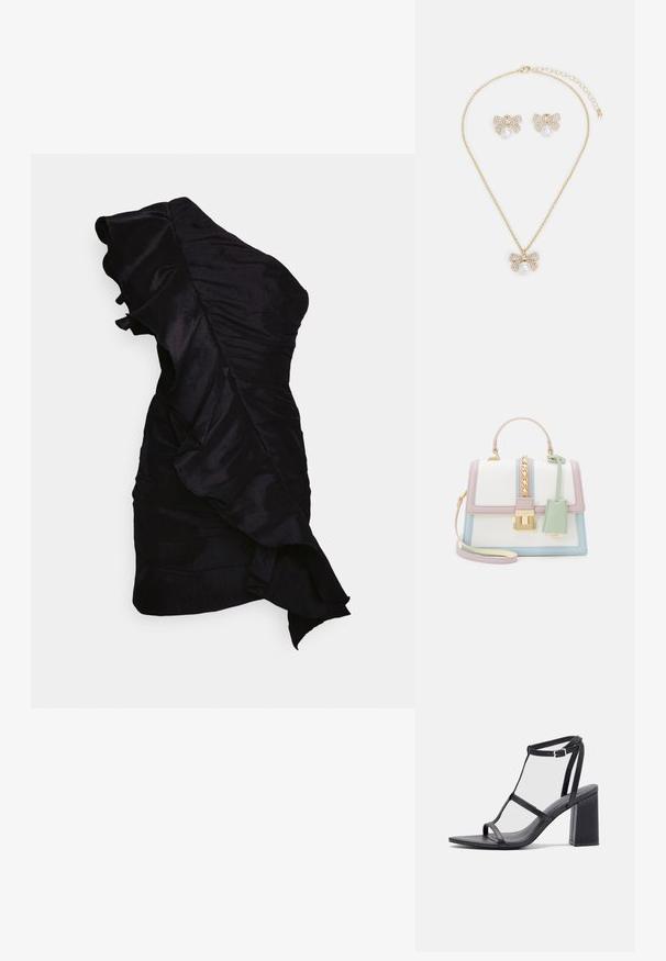 Jarlo Petite SIONA - Vestido de cóctel - black; Sandalias de tacón negro con puntera cuadrada y tacón bloque. Cuentan con tiras finas y una hebilla ajustable en el tobillo. Textura de cuero suave.; ALDO MARTISSA - Bolso de mano - pastel multi-coloured; Conjunto de joyería en tono dorado que incluye un collar con un colgante de lazo adornado con piedras de strass y una perla central, acompañado de pendientes a juego.
