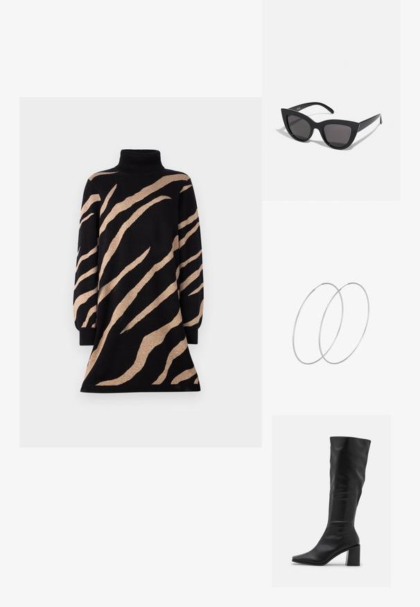 Turtleneck kjole i sort med brune tigerstriber, med lange ærmer og en flagrende kant. Lavet af et blødt, tekstureret strikmateriale.; RAID BLICK - Høje støvler/ Støvler - black; Sorte cat-eye solbriller med mat finish, der har grå tonede linser, skarpe vinkler og slanke sidearme. Mærkenavnet er synligt på den indre arm.; Sølvøreringe med et minimalistisk design. Cirkulær form, glat tekstur og tynd profil. Letvægtige med en poleret overflade.