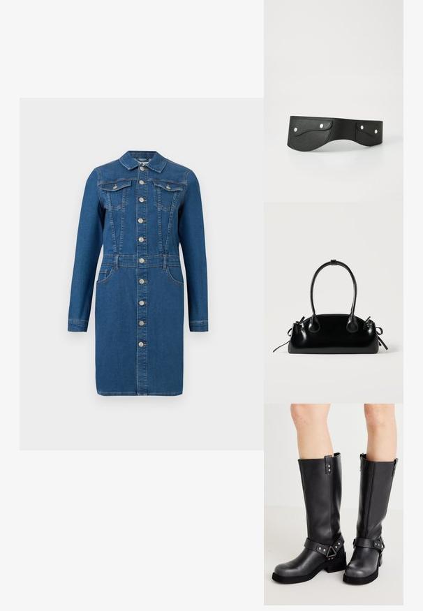 Blaues Denim-Kleid mit langen Ärmeln, Kragen, durchgehender Knopfleiste vorne, Brust- und Hüfttaschen sowie taillierten Steppnähten.; Schwarze Lederstiefel bis zum Knie mit weiter Schaftweite, Riemenverzierungen, silbernen Beschlägen und flacher Sohle. Glatte Textur mit leichtem Glanz.; Kleine schwarze glänzende Handtasche mit zwei langen Griffen und seitlichen Kordelzug-Details vor einfachem hellem Hintergrund.; Schwarzlederner Gürtel mit zwei runden Taschen, die mit silbernen Druckknöpfen gesichert sind. Glatte Textur, leicht geschwungenes Design.