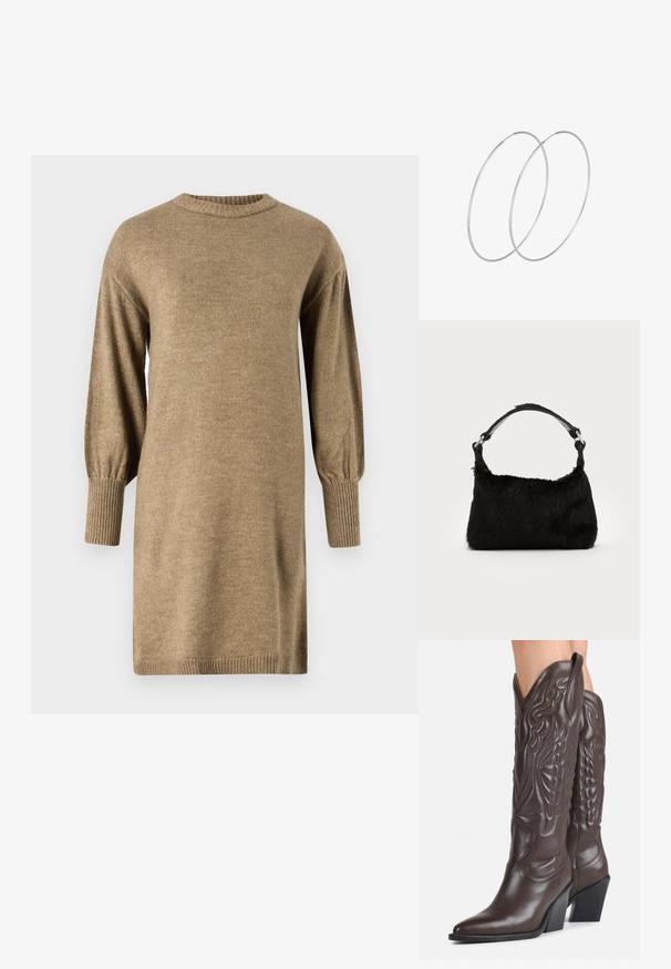 Strik beige kjole med rund halsudskæring og halv-lange puffærmer. Ribbekanter ved ærmerne og nederkant, med en tekstureret stofoverflade.; Mørkebrune læder cowboystøvler til knæene med spidse tæer, dekorativ syning og skrå blokhæle, båret af en person.; Sort faux fur håndtaske med en blød tekstur, rund form og en robust skulderrem i sort læder. Synlige sølvhardware-detaljer.; Sølvøreringe med et minimalistisk design. Cirkulær form, glat tekstur og tynd profil. Letvægtige med en poleret overflade.